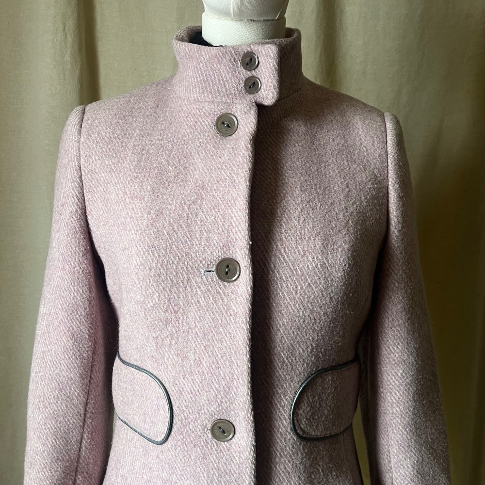 Vintage Y2K Via Spiga Pink Wool Stand Collar Coat Leather Trim Size 8 - Picture 2 of 9